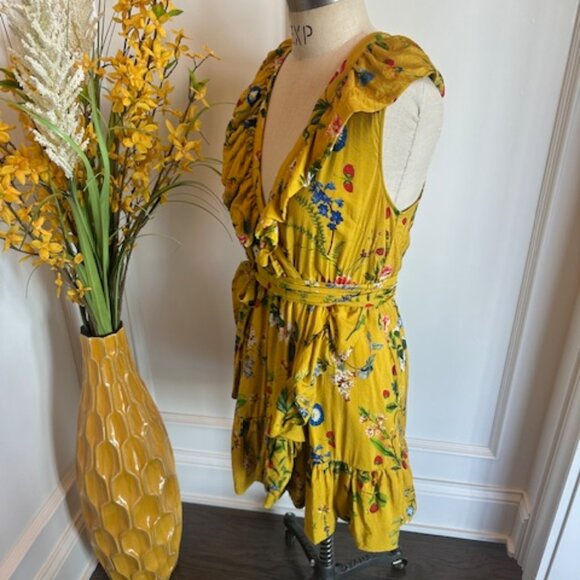 Anthropologie Maeve Floral Faux Wrap strawberry Gold Mustard Yellow Dress - Picture 6 of 16